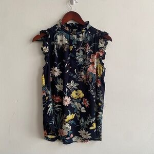 LOFT Floral Navy Sleeveless Blouse, Size S